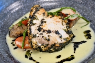 Team2 Bubu arare(rice crackers) and nori(seaweeds) crusted swordfish in matcha(green tea) butter sauce